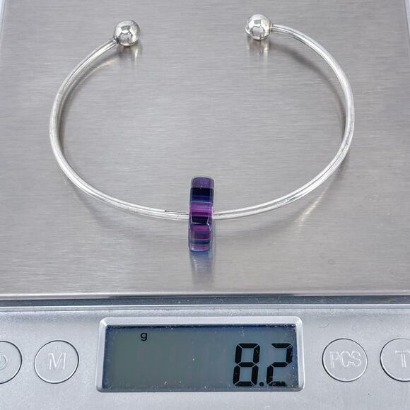 Ball Tip Cuff Bracelet | Purple Glass Charm | Vintage Sterling Silver 925 | 6.5" - Picture 11 of 11